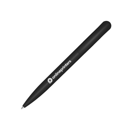 Bolgrafo de plstico negro con mecanismo de pulsador y elementos metlicos.