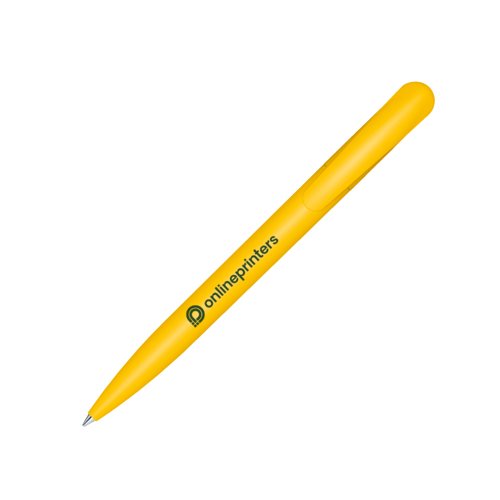 Bolgrafo de plstico amarillo con clip y mecanismo de pulsacin.