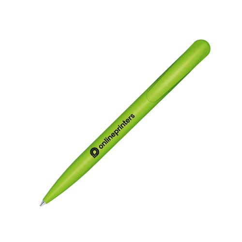 Bolgrafo de plstico verde con clip y mecanismo de pulsacin.