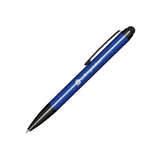 Bolgrafo giratorio de plstico azul oscuro con lpiz tctil y clip.