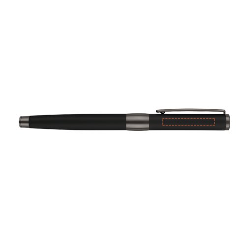 Bolgrafo roller negro con detalles metlicos y clip.