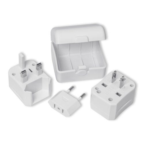 Adaptador de viaje blanco de plstico con varios tipos de enchufe y caja de almacenamiento.