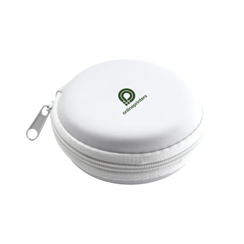Estuche blanco para auriculares con cremallera.