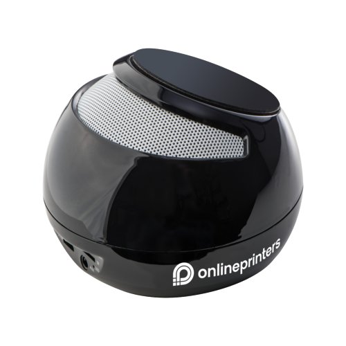 Altavoz de plstico negro con diseo redondeado.