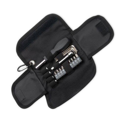 Juego de herramientas negro en estuche de tela con varios accesorios.