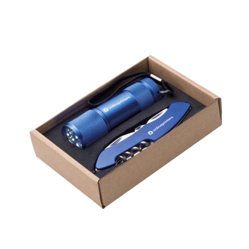 Set azul de linterna con correa de mano y navaja multiusos con varias herramientas.