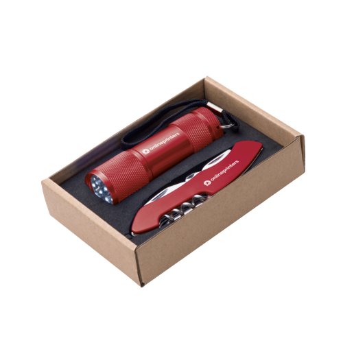 Set rojo de linterna de metal con correa de mano y navaja multiusos.