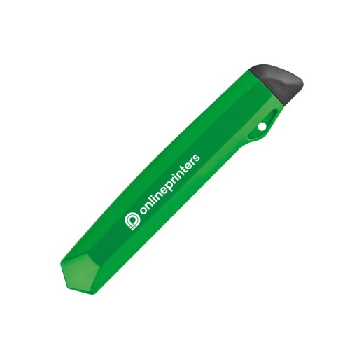 Cter de cartn de plstico verde con protector de cuchilla.