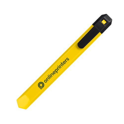 Cter de cartn amarillo con protector de cuchilla y clip.
