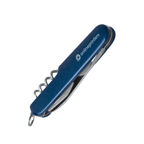 Navaja de bolsillo azul con varias herramientas y un llavero.