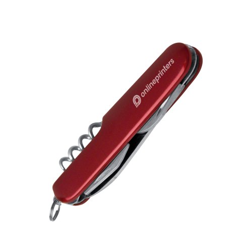 Navaja de bolsillo roja con varias herramientas de metal.