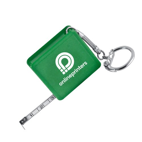 Cinta mtrica de plstico verde con llavero.