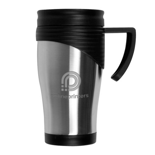 Taza trmica de acero inoxidable con tapa y asa negras.