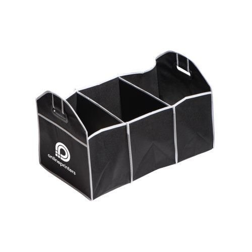 Organizador de maletero negro de fieltro con compartimentos y asas.