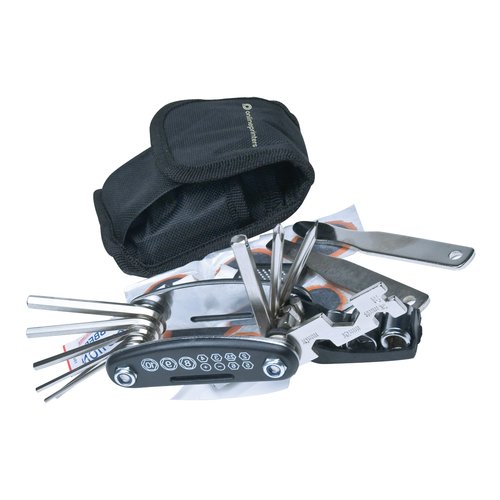 Kit de reparacin de bicicleta negro con herramientas y bolsa.
