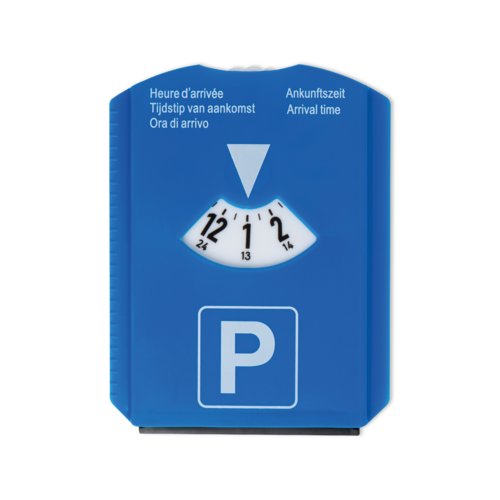 Disco de estacionamiento azul con raspador de hielo.