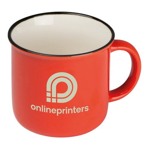 Taza de cermica roja con diseo retro y asa.