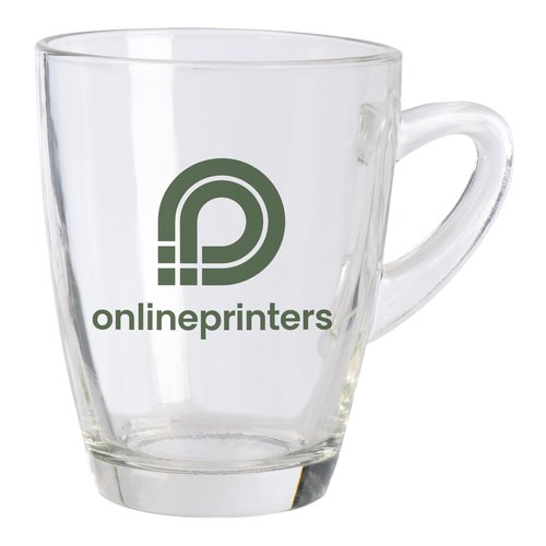 Taza de vidrio transparente con asa.