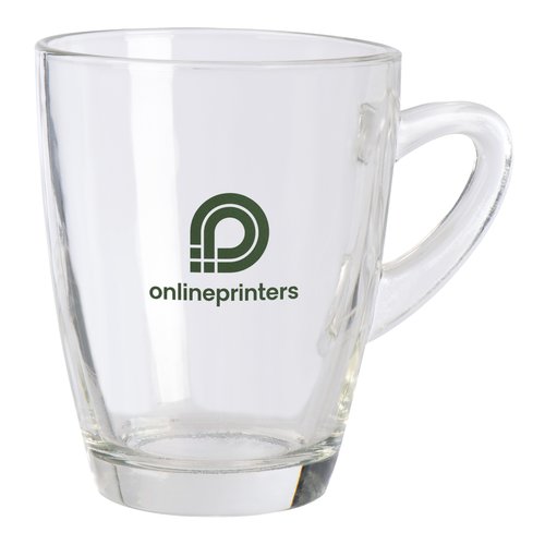 Taza de vidrio transparente con asa.