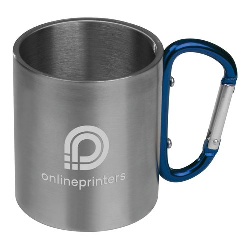 Taza de metal azul con asa de mosquetn.