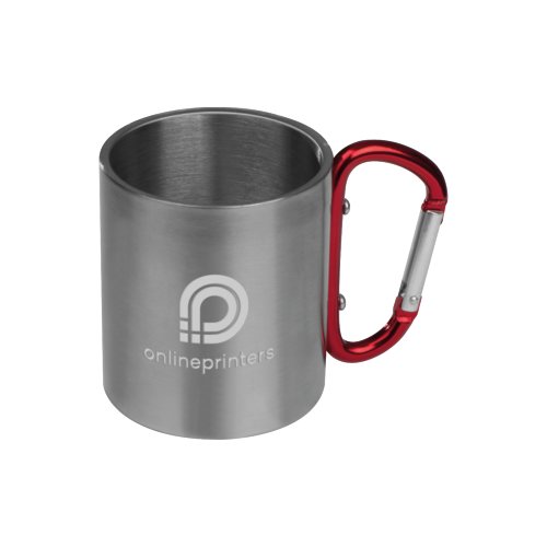 Taza de metal roja con asa de mosquetn.