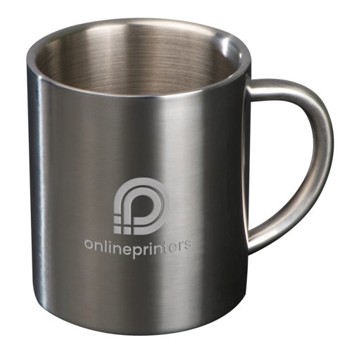Taza de metal plateada con asa.
