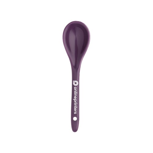 Cuchara de cermica violeta con recipiente redondeado.