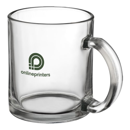 Taza de vidrio transparente con asa.