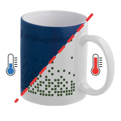 Taza de cermica azul, que cambia de color con asa.