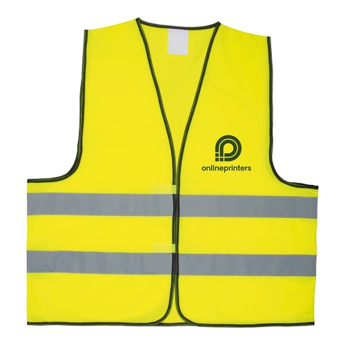 Chaleco de seguridad amarillo con bandas reflectantes y cierre de velcro.