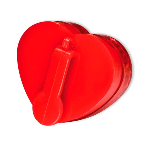 Luz intermitente roja con forma de corazn y clip de fijacin.