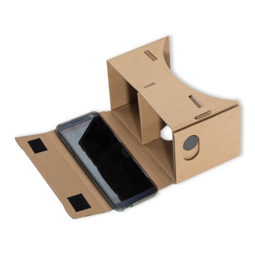 Gafas VR de cartn marrn con cierre de velcro.