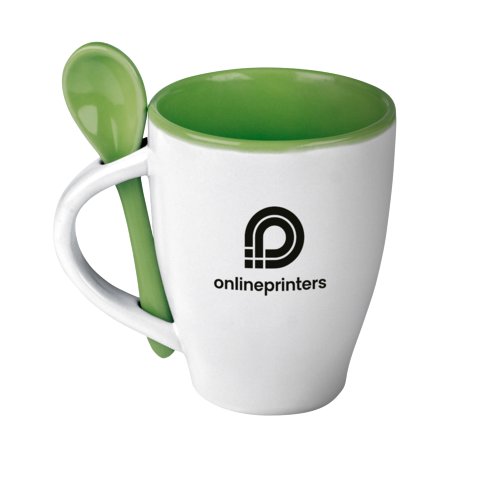 Taza de cermica verde con cuchara a juego.