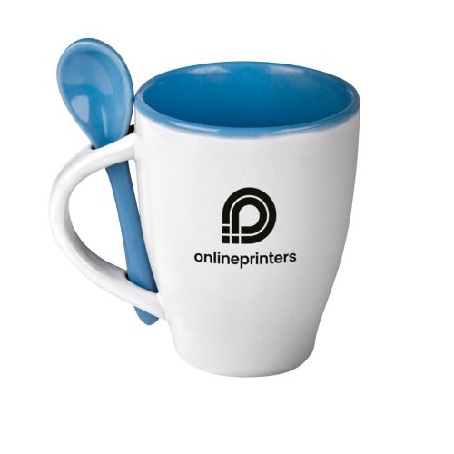 Taza de caf de cermica azul con cuchara.