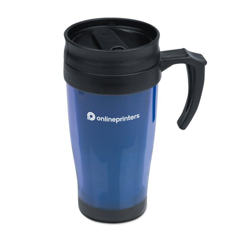 Taza de plstico azul con tapa y asa.
