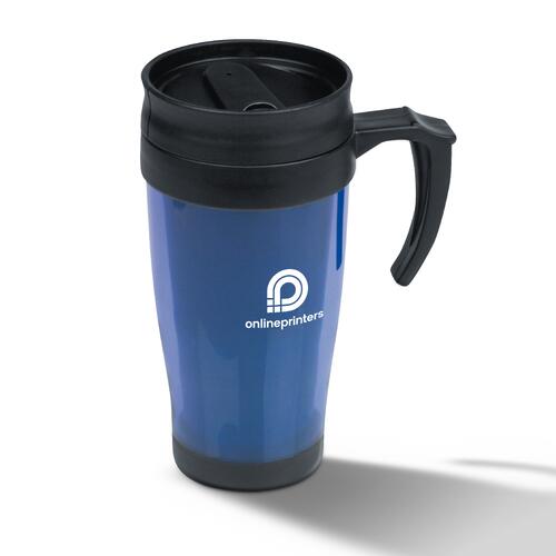 Taza de pl�stico azul con tapa y asa.