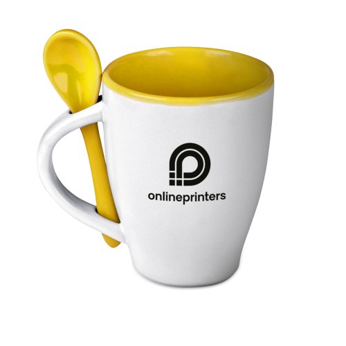 Taza de cermica amarilla con cuchara a juego.