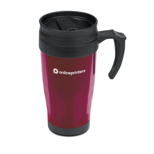 Taza roja de plstico con tapa y asa.