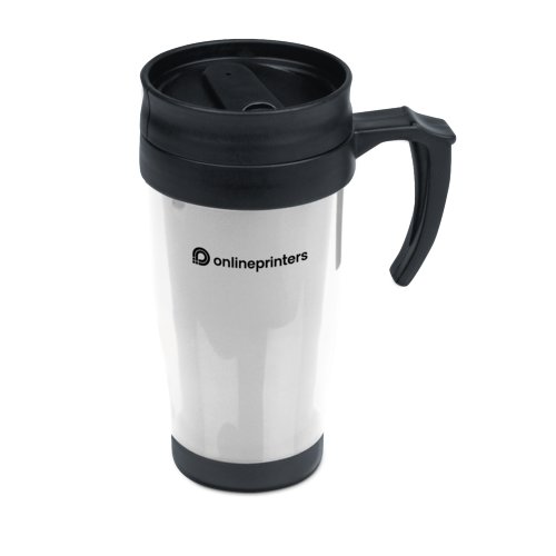 Vaso trmico de plstico blanco con asa y tapa.