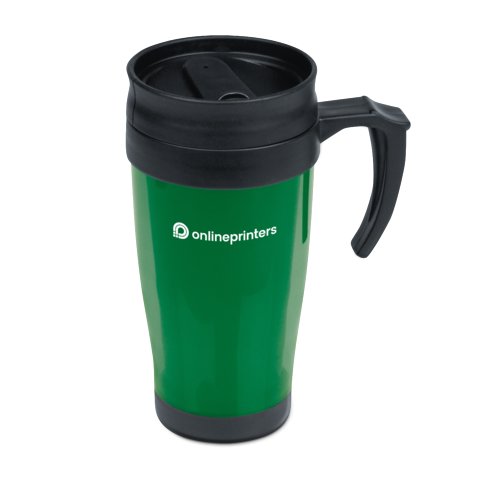Taza de plstico verde con tapa y asa.