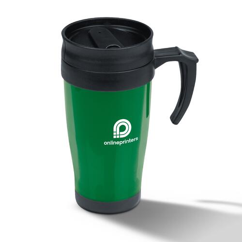 Taza de pl�stico verde con tapa y asa.