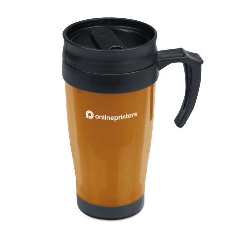 Vaso de plstico naranja con tapa y asa.