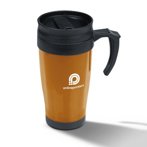Vaso de pl�stico naranja con tapa y asa.