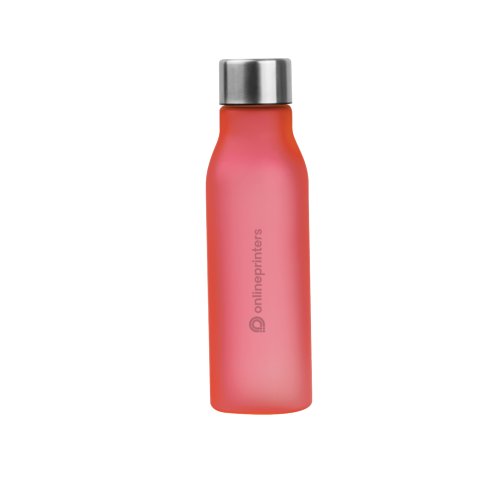 Botella de agua de plstico roja con tapn de rosca.