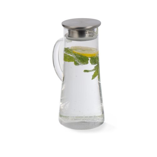 Jarra de vidrio transparente con tapa.