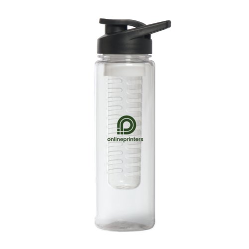 Botella de agua transparente de plstico con tapa negra e infusor de frutas.
