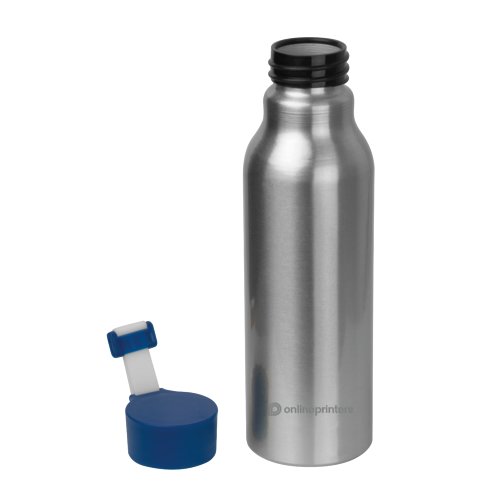 Botella de agua azul de aluminio con tapn de rosca.