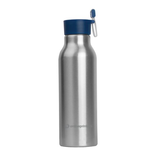Botella de aluminio con tapn y asa de transporte.