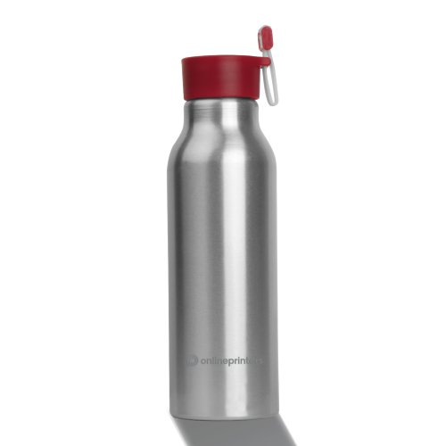 Botella de agua de aluminio roja con tapn de rosca y correa de sujecin.