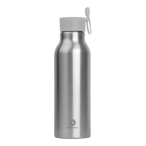 Botella de aluminio gris con tapn de rosca y asa de transporte.